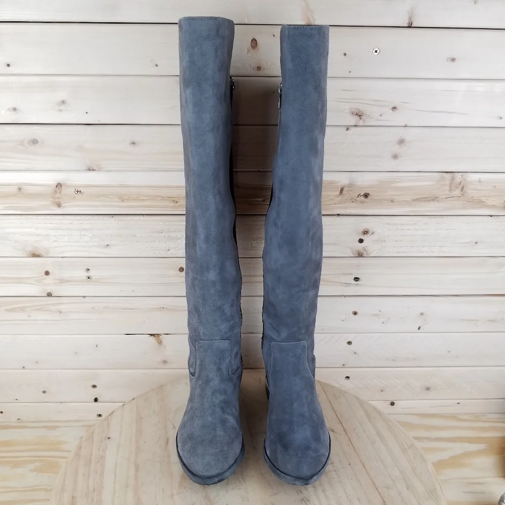 Calvin Klein Priya OTK Size 5.5 US Grey/Black Suede/Leather Over Knee Boots NEW